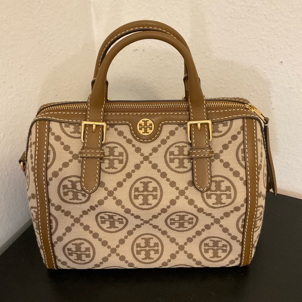 EUC Tory Burch Beige and Brown Logo Canvas Satchel - Picture 2 of 7